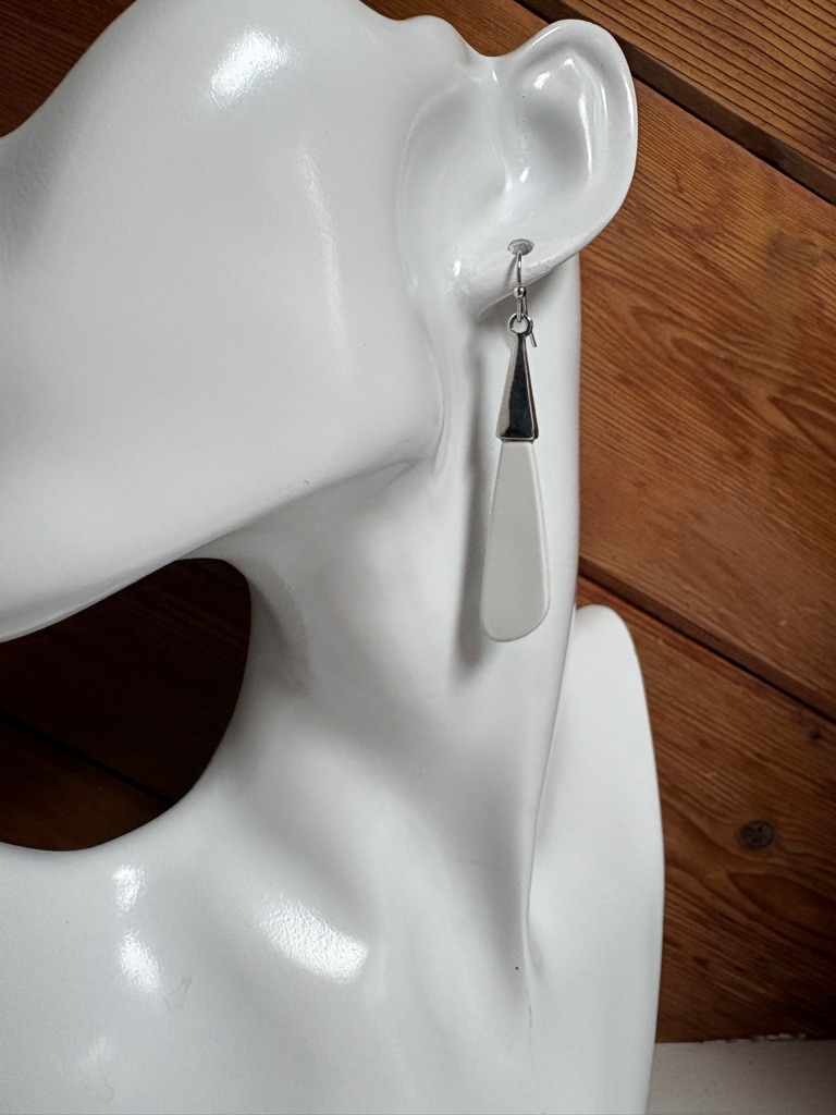 Silver Teardrop Dangle Earrings With White